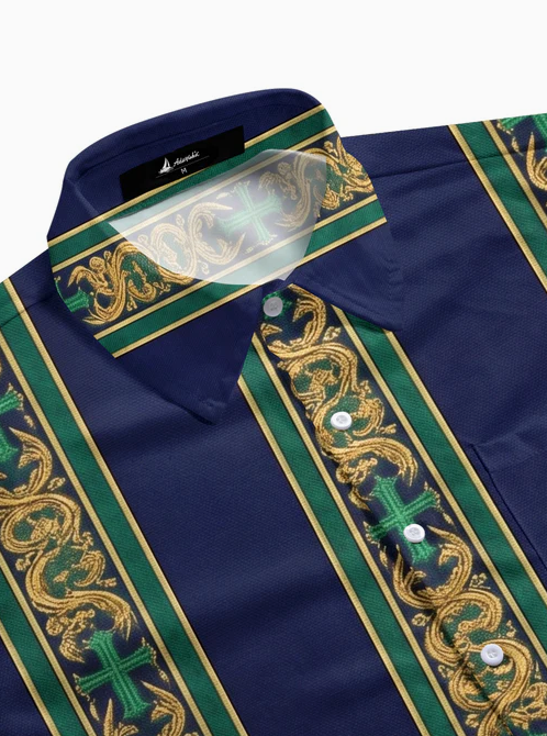 Retro Baroque Cross Religious Stripes Men's Pocket Short Sleeve Shirts