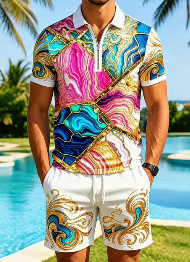 Art Gold Foil Marble Texture Splicing Men's Short Sleeve Zipper Polo And Shorts Set