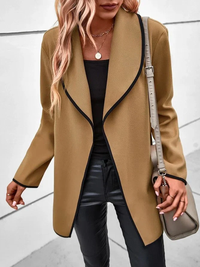 Goosudu Women's Solid Long Jacket Lapel Open Front Brown Woolen Jacket