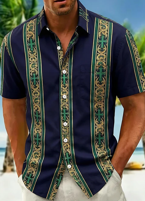 Retro Baroque Cross Religious Stripes Men's Pocket Short Sleeve Shirts