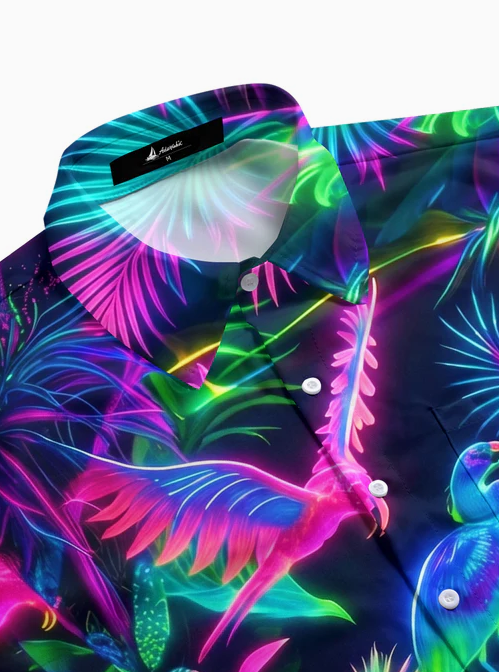 Colorful Fluorescent Hawaiian Neon Jungle Birds Men's Pocket Short Sleeve Shirts