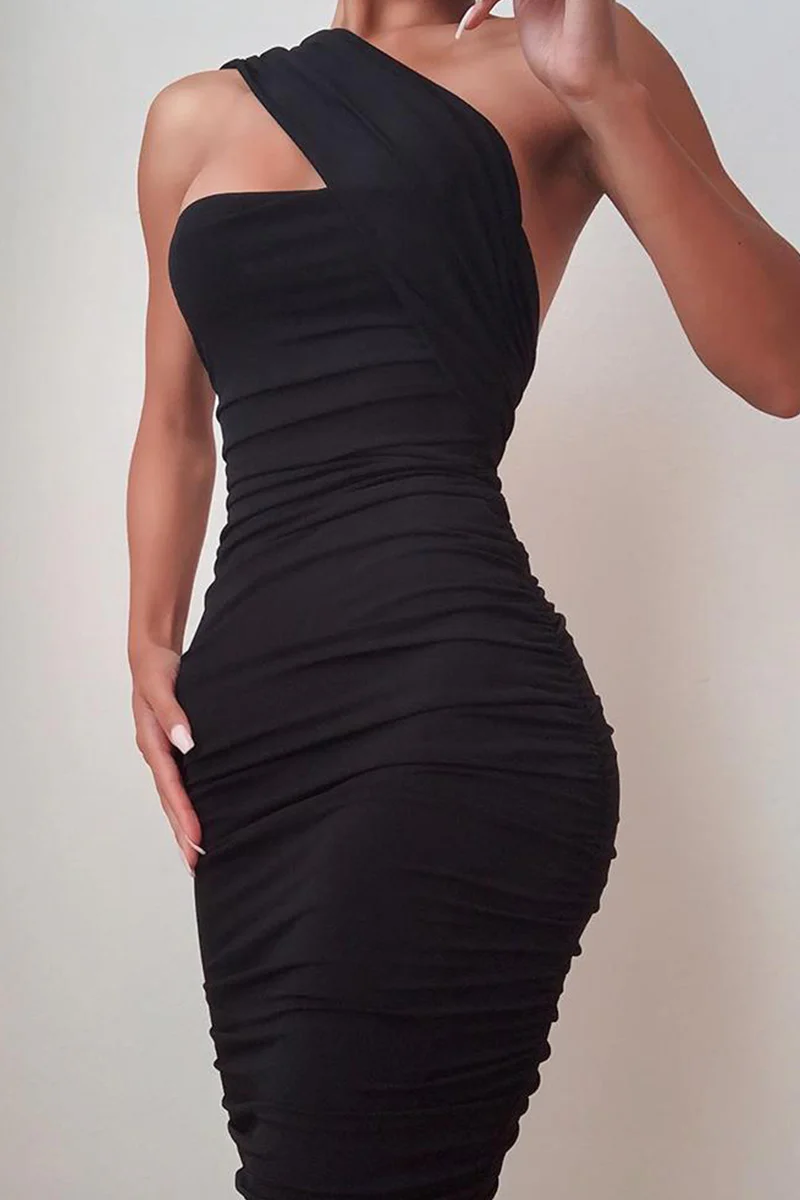 Goosudu Sexy Solid Fold One Shoulder Pencil Skirt Dresses