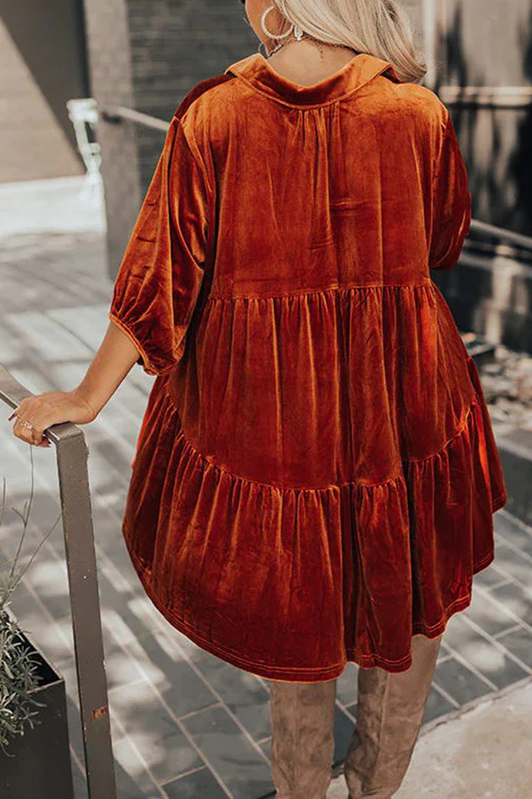 Goosudu Women's Velvet Dress Lapel Short Sleeve Loose Mini Dress