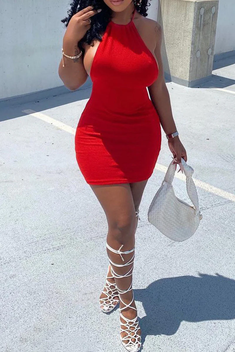 Goosudu Fashion Sexy Solid Backless O Neck Sleeveless Dress