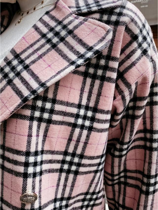Goosudu Women's Plaid Long Jacket Lapel Double Button Down Plaid Woolen Jacket