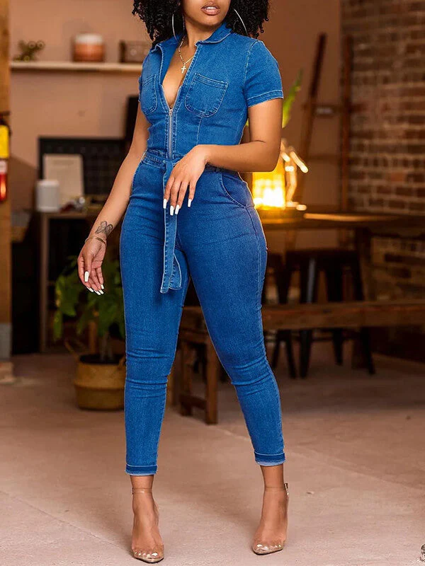 Goosudu Zip-Front Tied Denim Jumpsuit