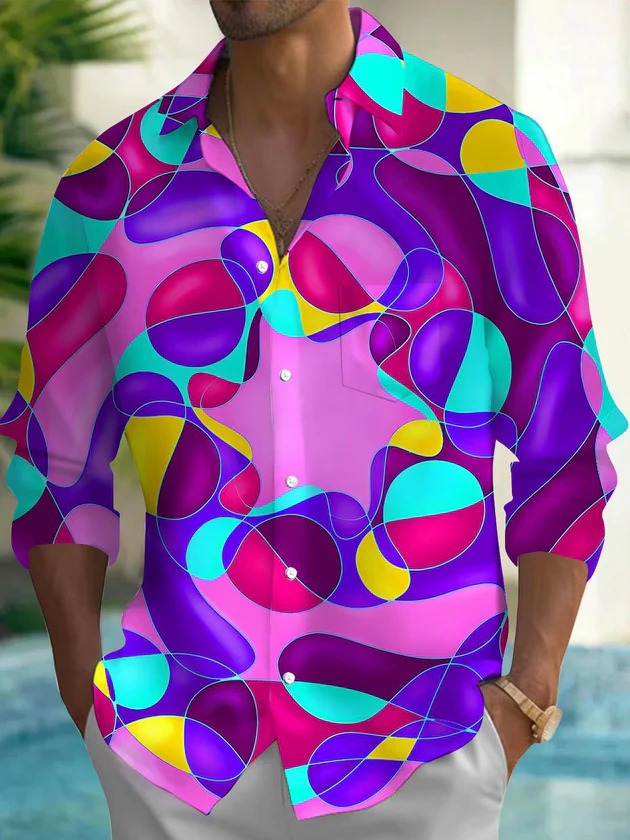 Psychedelic Colorful Abstract GeometryMen's Pocket Long Sleeve Shirts