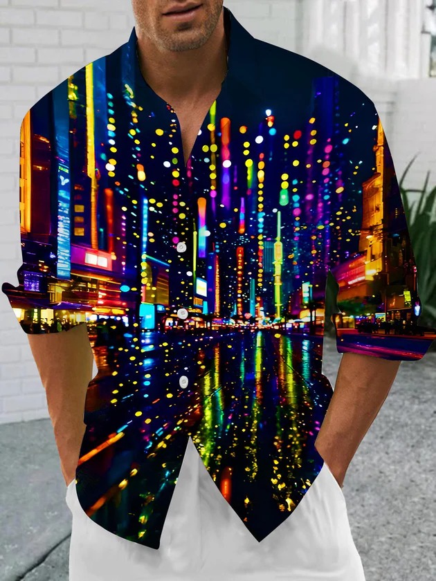 Psychedelic Colorful Neon City Street SceneMen's Pocket Long Sleeve Shirts