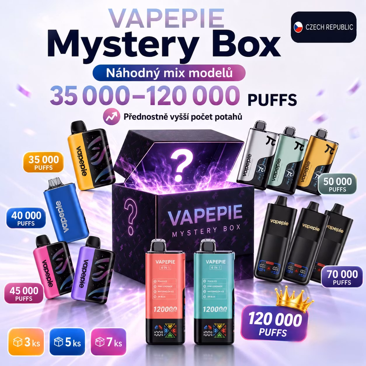🎁 VAPEPIE Mystery Box – losowa mieszanka modeli 35K, 40K, 45K, 50K, 70K oraz 120K zaciągów - vapepodpl