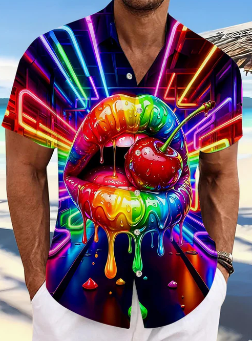 Neon Colorful Lips And Cherry Men's Pocket Short Sleeve Shirts