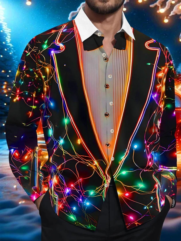 Funny Fairy Lights Gentleman's Bow TieXmas Men's Pocket Long Sleeve Shirts