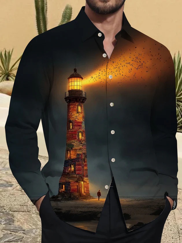 Lighthouse Print Men's Pocket Long SleeveShirts