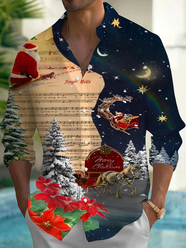 Funny Christmas Song Sheet Music SantaClaus Xmas Men's Pocket Long SleeveShirts