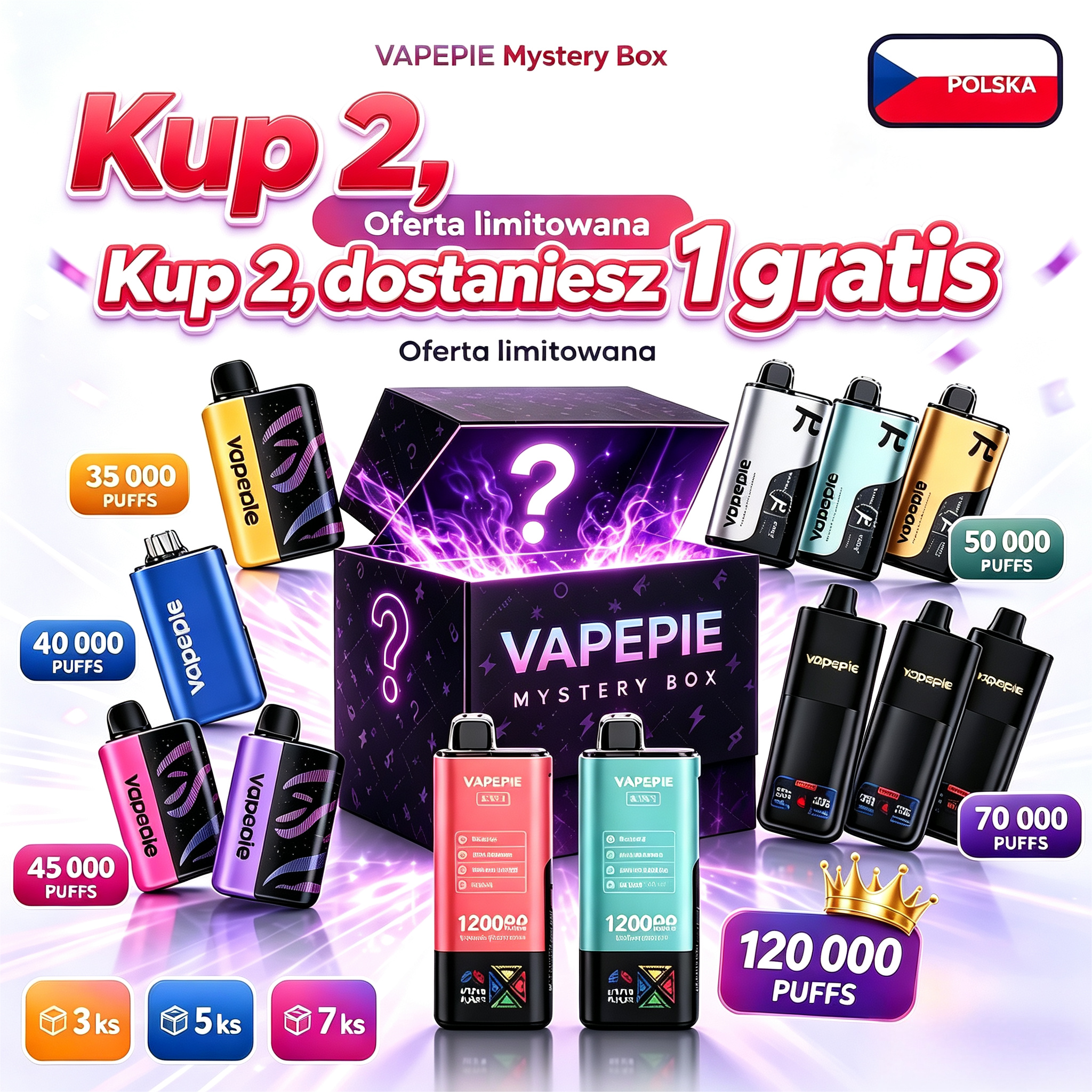 🎁 VAPEPIE Mystery Box | Kup 2 + 1 GRATIS! Losowe vape 35K–120K zaciągów - vapepodpl