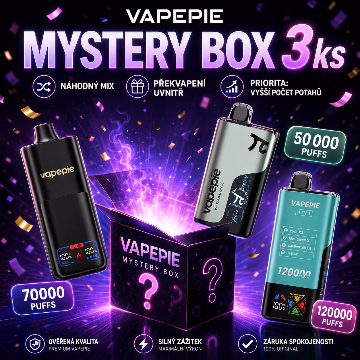 🎁 VAPEPIE Mystery Box | Kup 2 + 1 GRATIS! Losowe vape 35K–120K zaciągów - vapepodpl