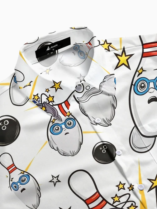 Fun Cartoon Bowling Sports Party Men's Pocket Short Sleeve Shirts