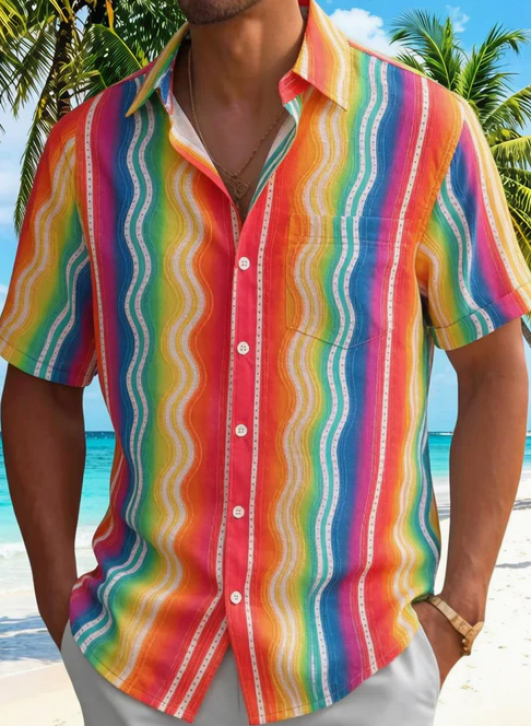 Pride Month Colorful Wavy Stripes Geometry Men's Pocket Short Sleeve Shirts