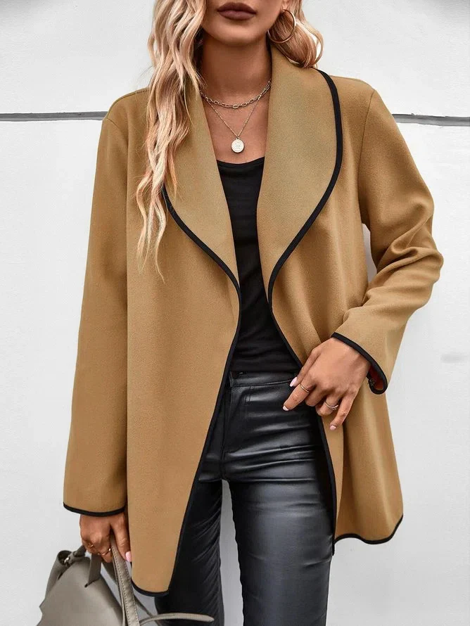 Goosudu Women's Solid Long Jacket Lapel Open Front Brown Woolen Jacket
