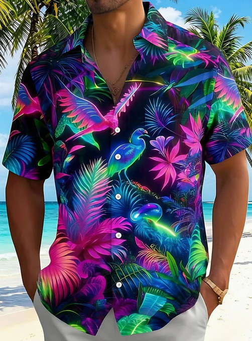 Colorful Fluorescent Hawaiian Neon Jungle Birds Men's Pocket Short Sleeve Shirts