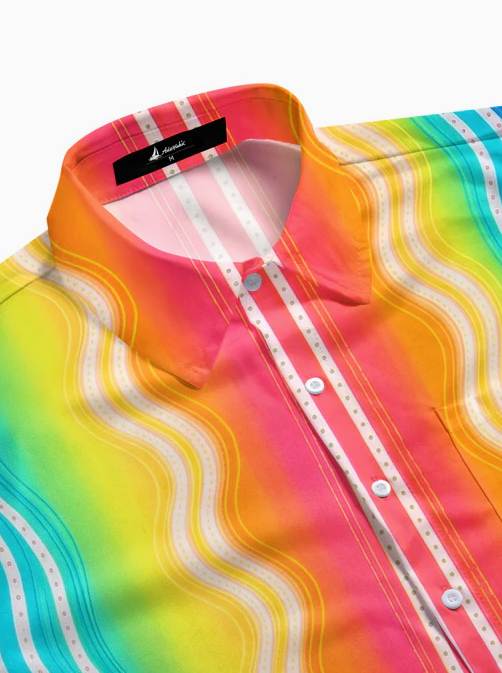 Pride Month Colorful Wavy Stripes Geometry Men's Pocket Short Sleeve Shirts