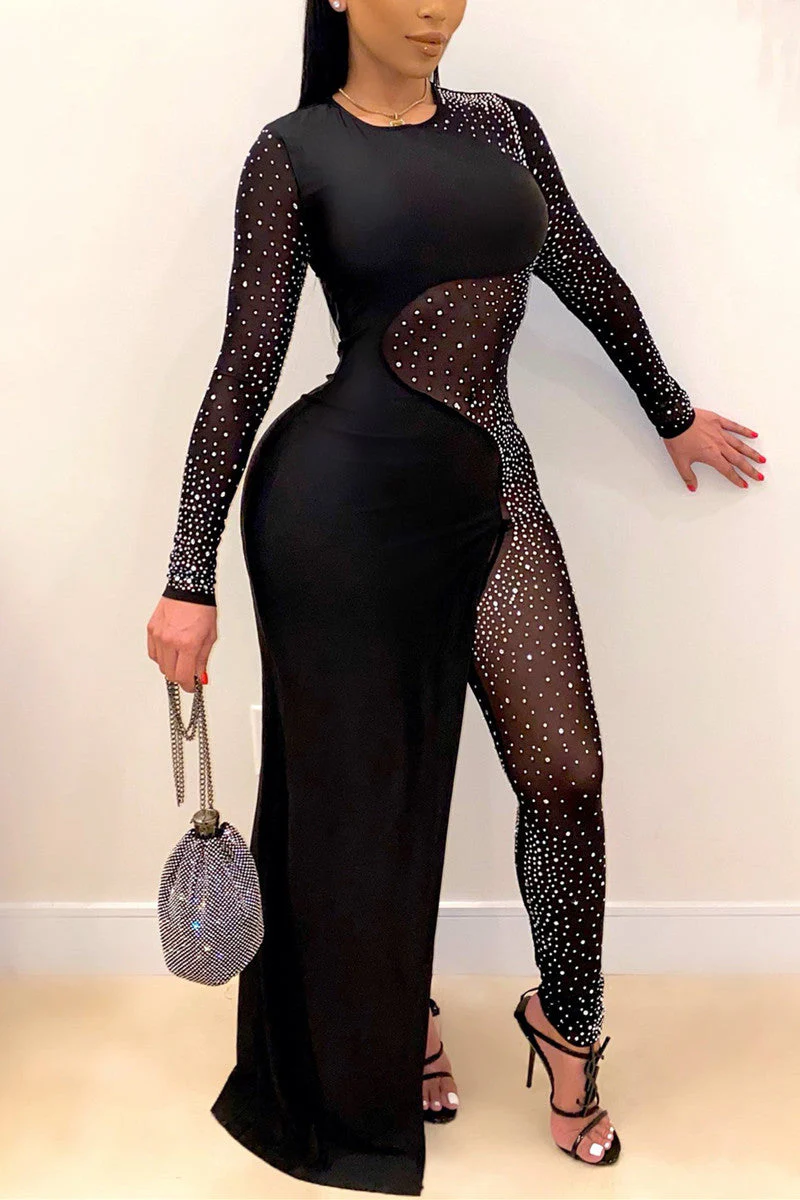Goosudu Fashion Sexy Patchwork See-through O Neck Skinny Jumpsuits