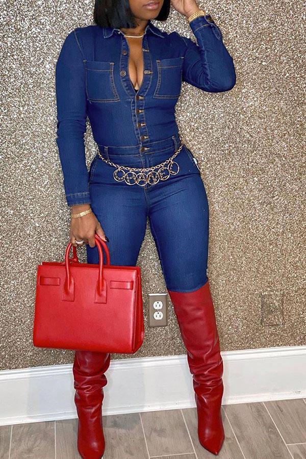 Goosudu Fashion Pocket Button Slim-fit Denim Jumpsuit
