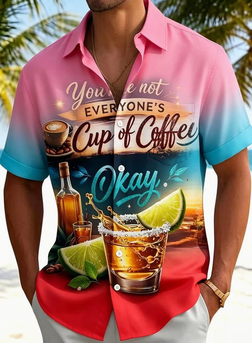 Hawaiian Coffee And Cocktail Gradient Color Men's Pocket Short Sleeve Shirts