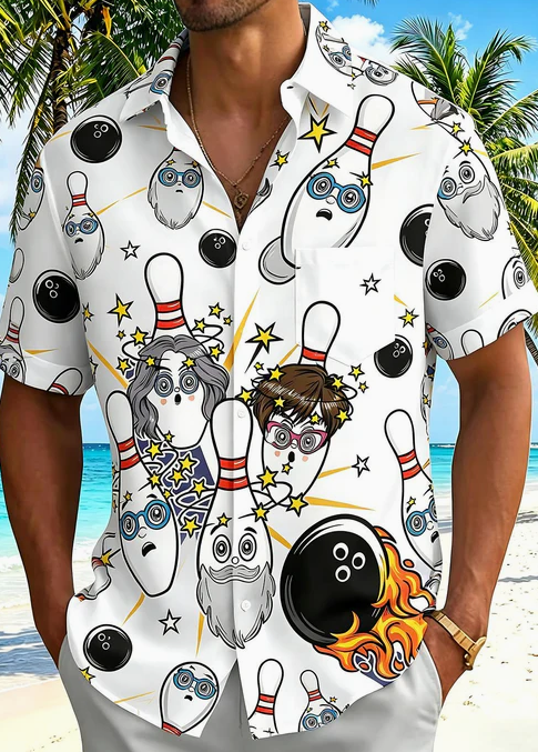 Fun Cartoon Bowling Sports Party Men's Pocket Short Sleeve Shirts