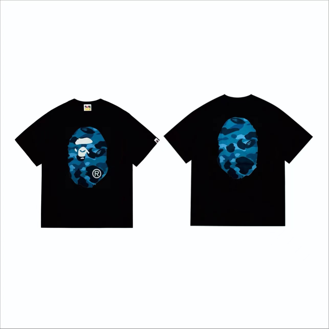 Blue honeycomb camo letters big ape man head double-sided printed t shirt