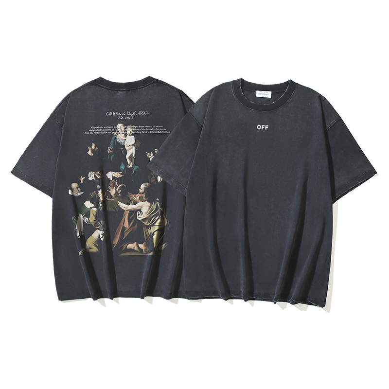 Washed black religious oil painting letter printing short sleeve tshirt