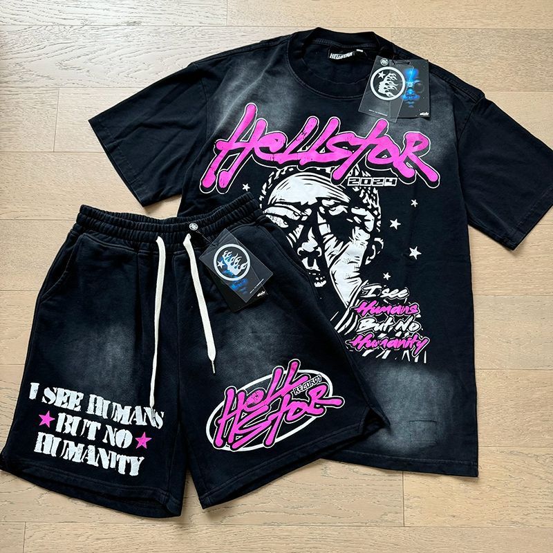 High version washing black with pink printing tshirt with short set suit