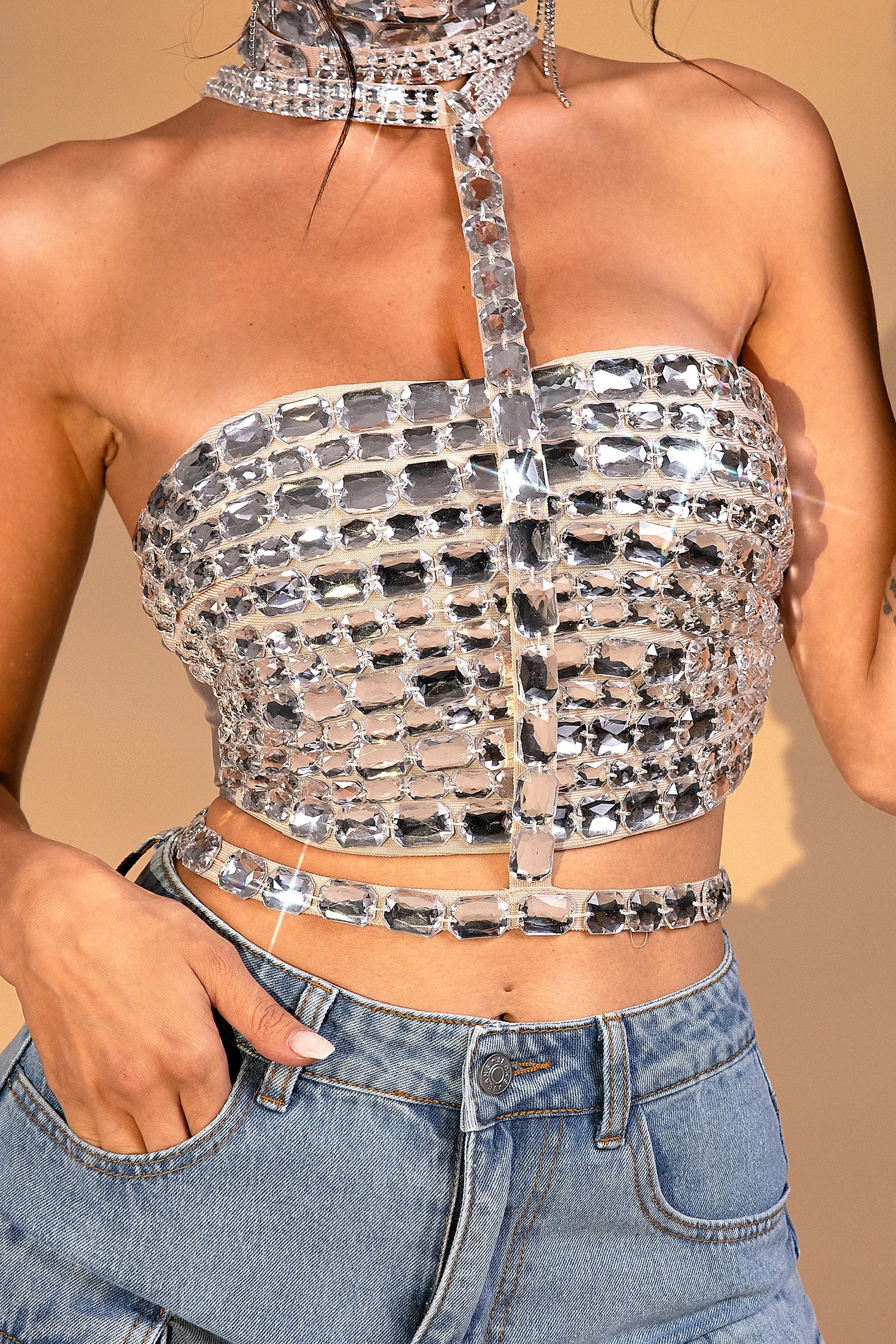 LOVEVVR Haleh Crystal Halter Mini Top
