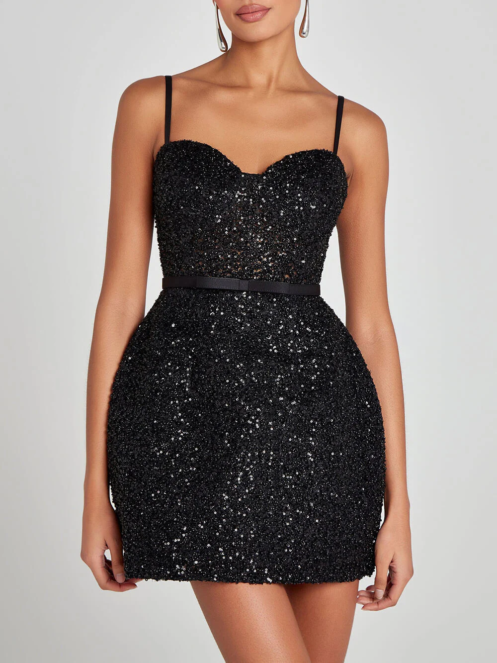 Sequin Embellished Bow Detail Mini Dress