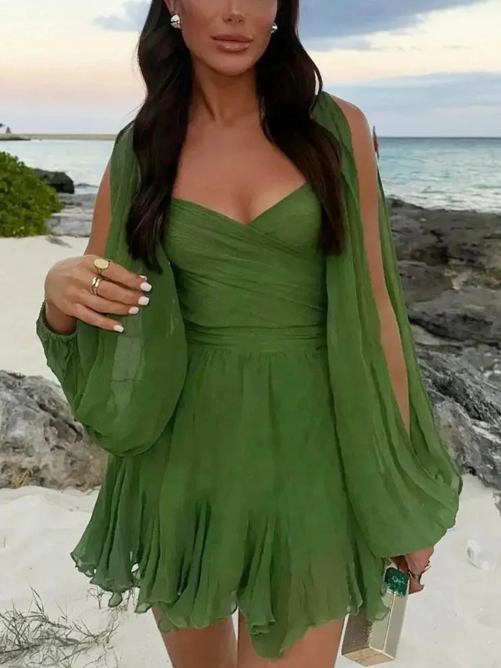 V-Neck Lantern Sleeve Flowy Mini Dress