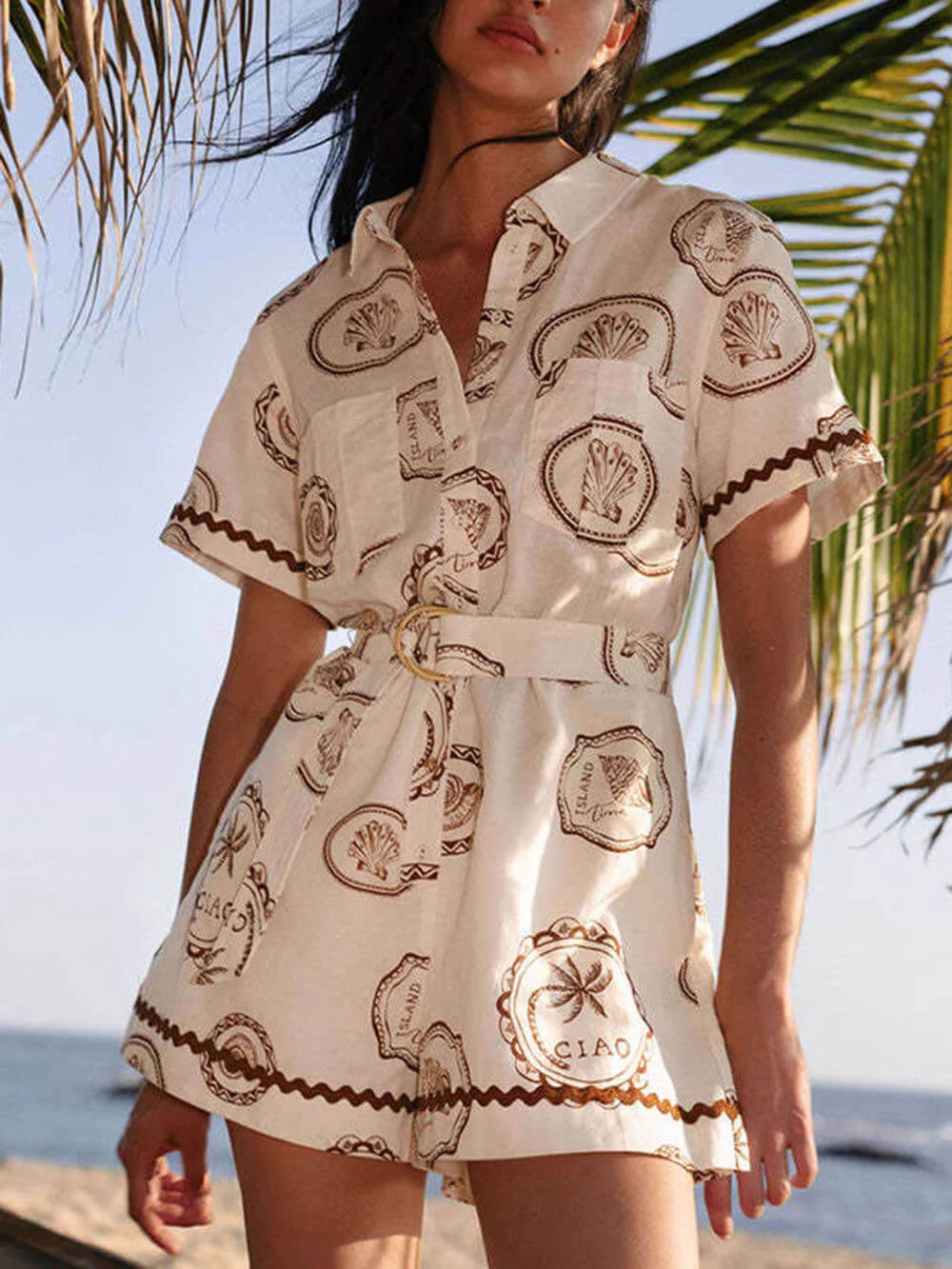 Lace-Up Linen Shell Print Jumpsuit