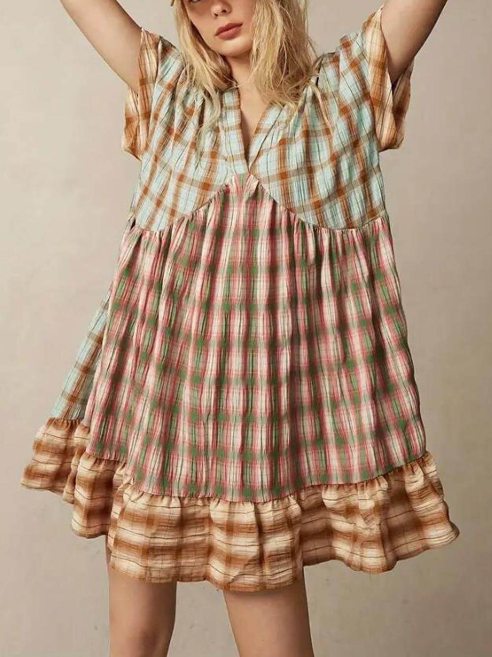 Multicolored Plaid Patchwork Mini Dress