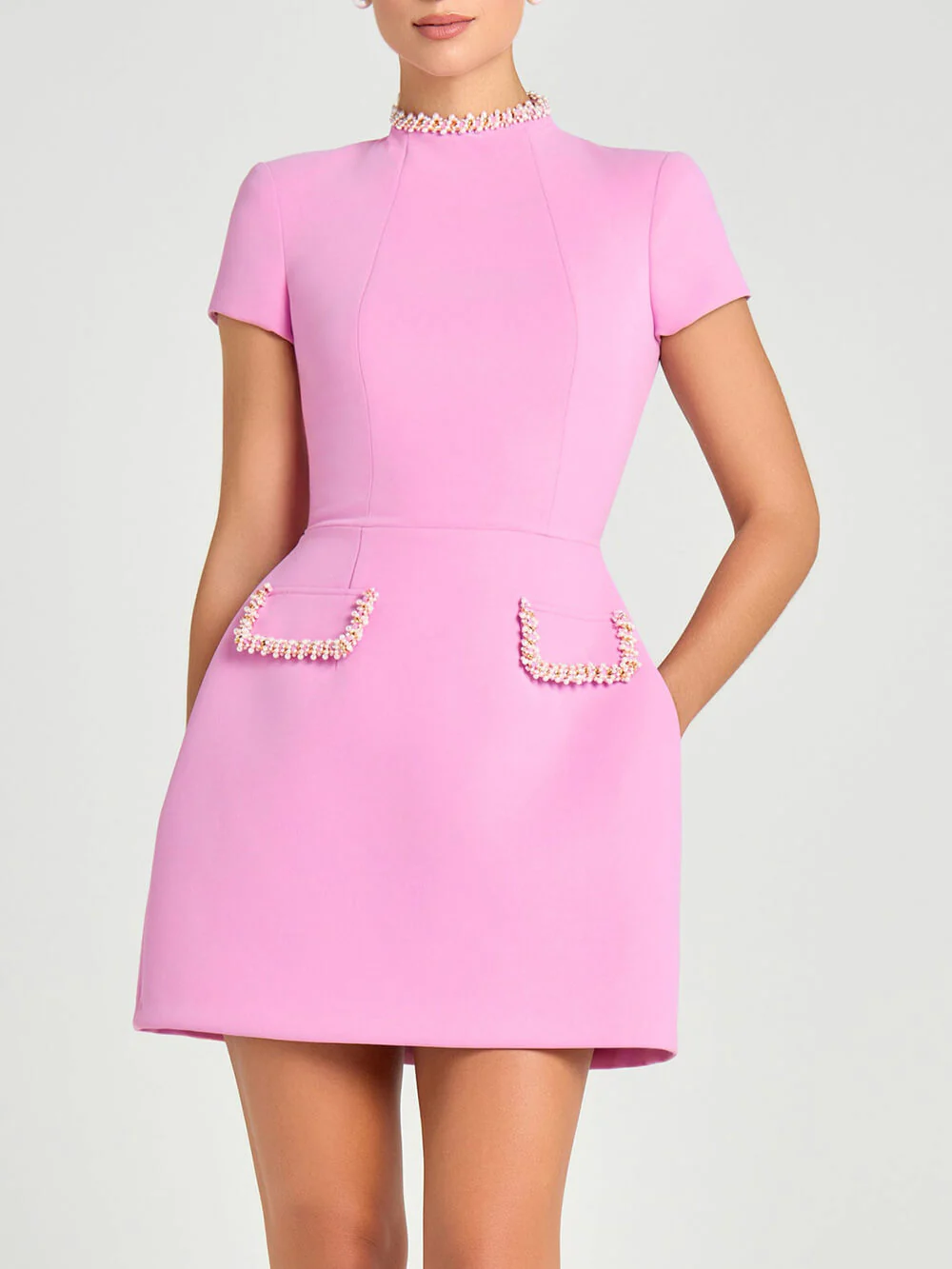 Pearl Trim Pocketed Short Sleeve Mini Dress