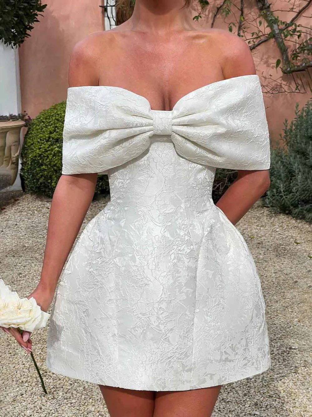 Bow Detail Off-Shoulder Jacquard Mini Dress