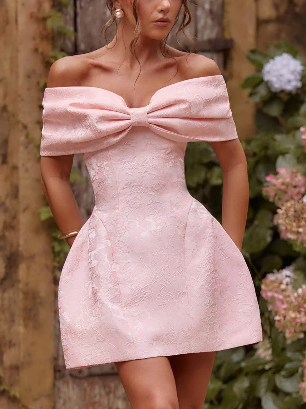 Bow Detail Off-Shoulder Jacquard Mini Dress